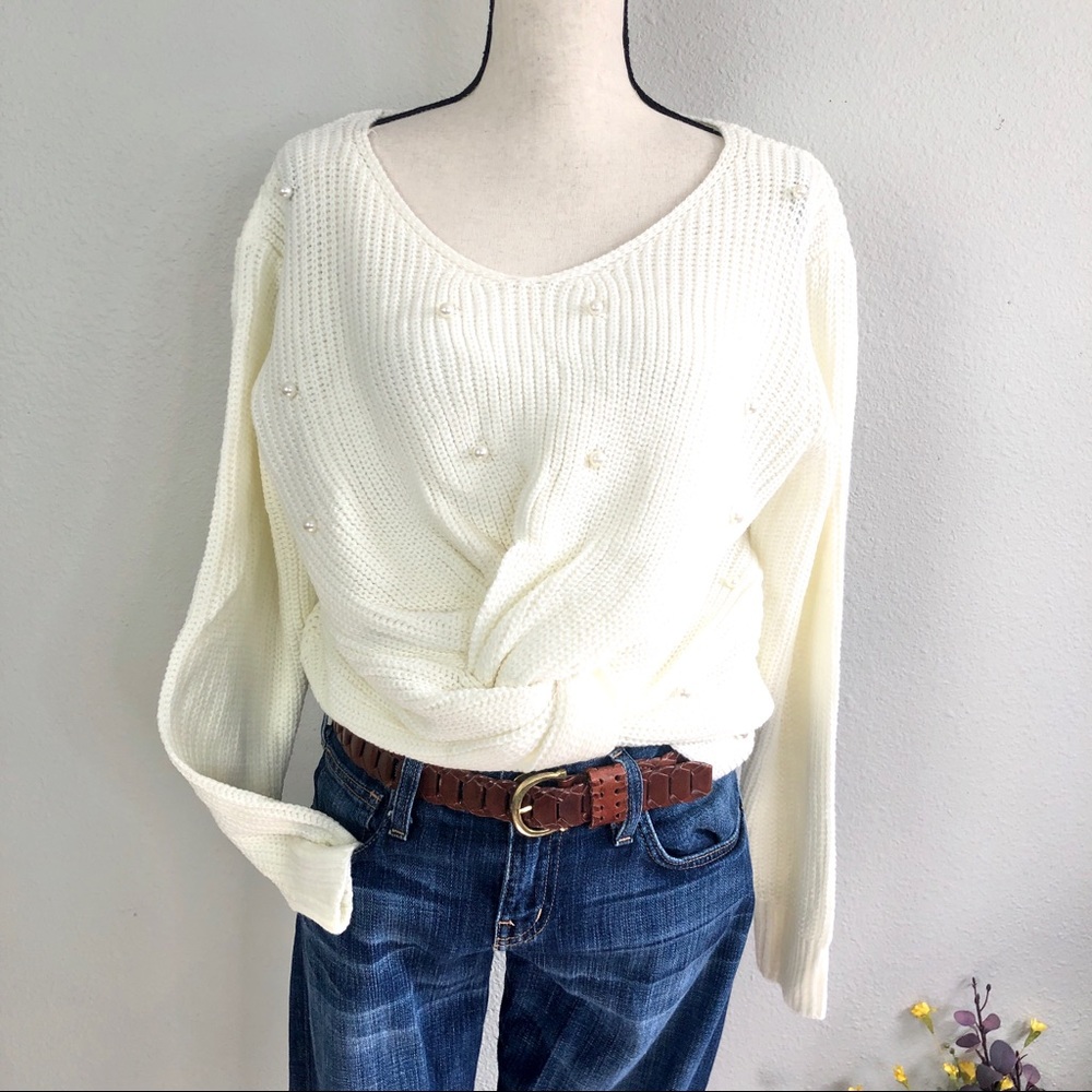 Pearl Beaded Twist Knot Tied Sweater Cream